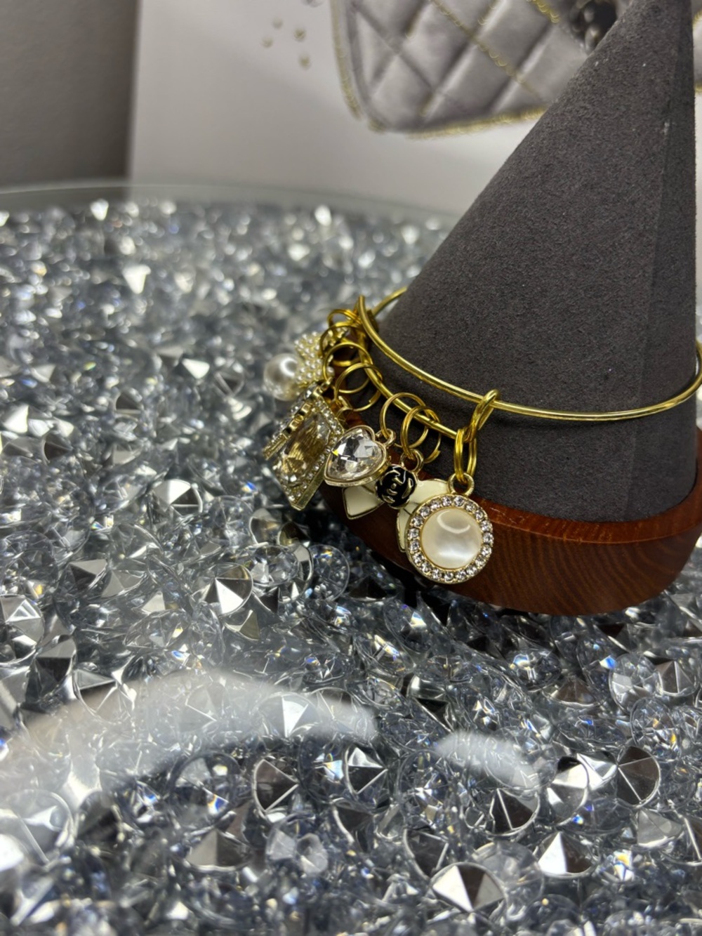 Gold Tone Charm Bangle Bracelet with Crystal & Pearl Accents - Picture 6 of 7